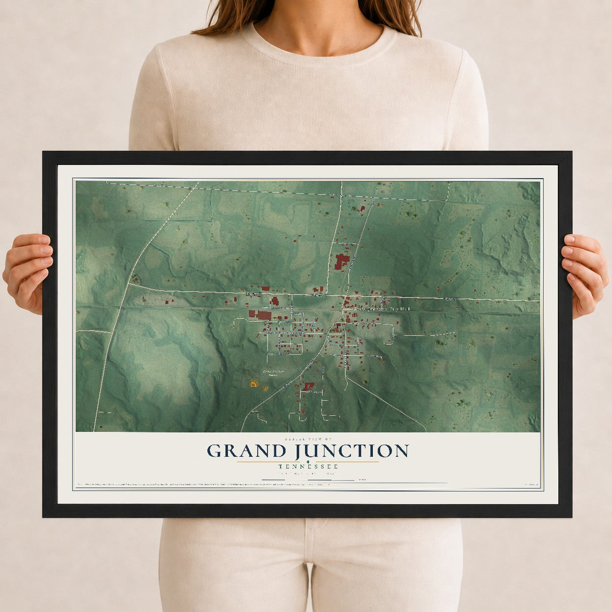 Map of Grand Junction, Tennessee, 12 x 18 inch print in a black wood frame