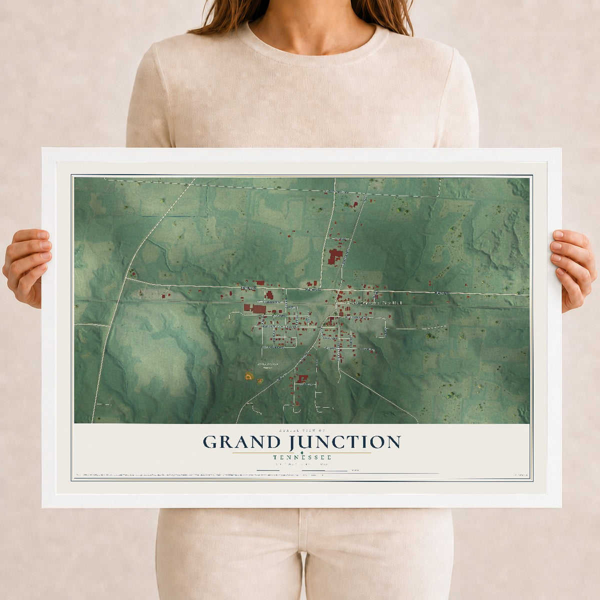 Map of Grand Junction, Tennessee, 12 x 18 inch print in a white wood frame