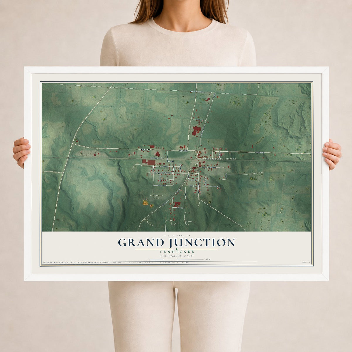 Map of Grand Junction, Tennessee, 24 x 36 inch print in a white wood frame
