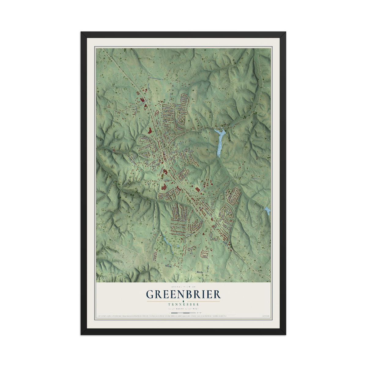 Map of Greenbrier, Tennessee, 12 x 18 inch print in a black wood frame