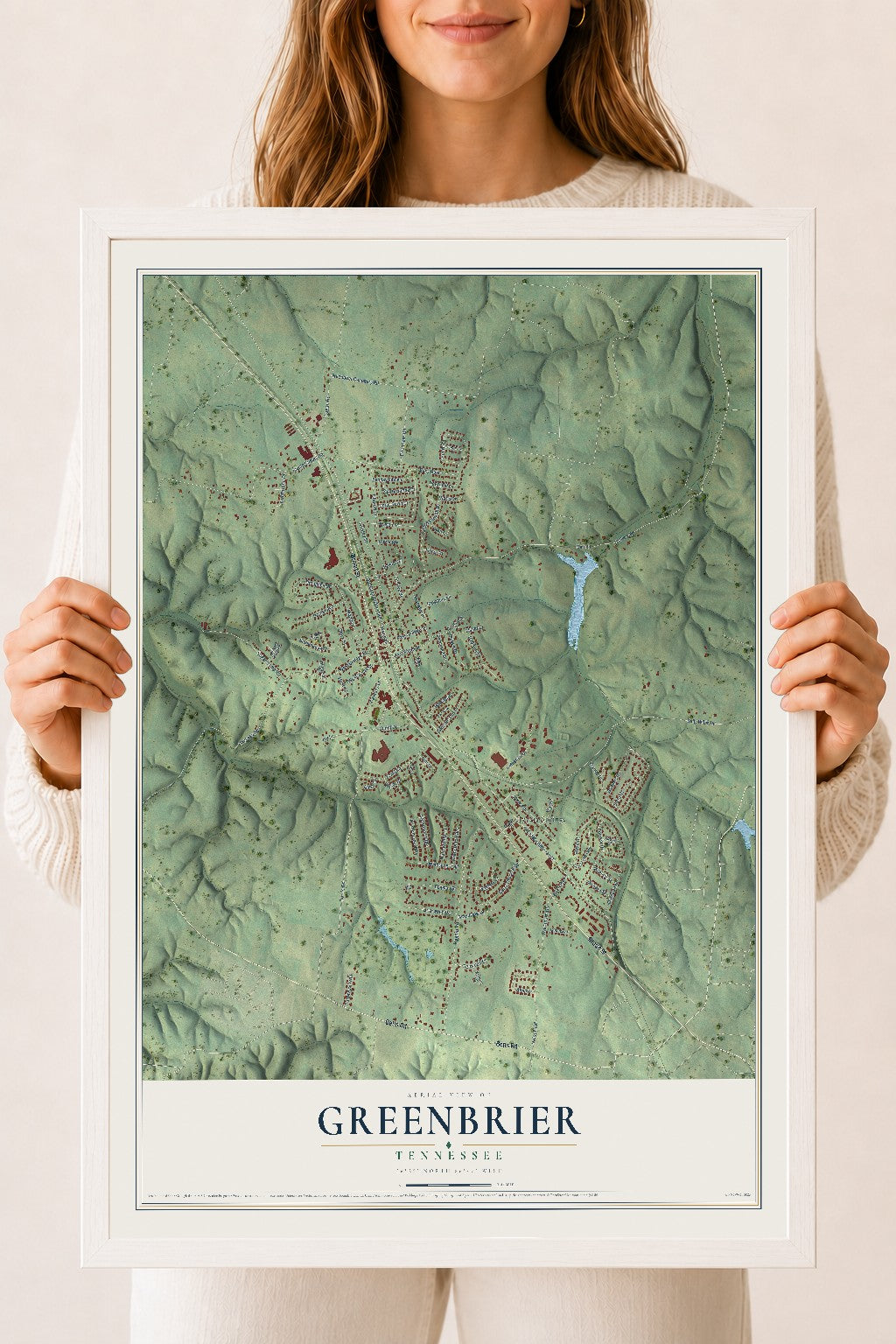 Map of Greenbrier, Tennessee, 18 x 24 inch print in a white wood frame