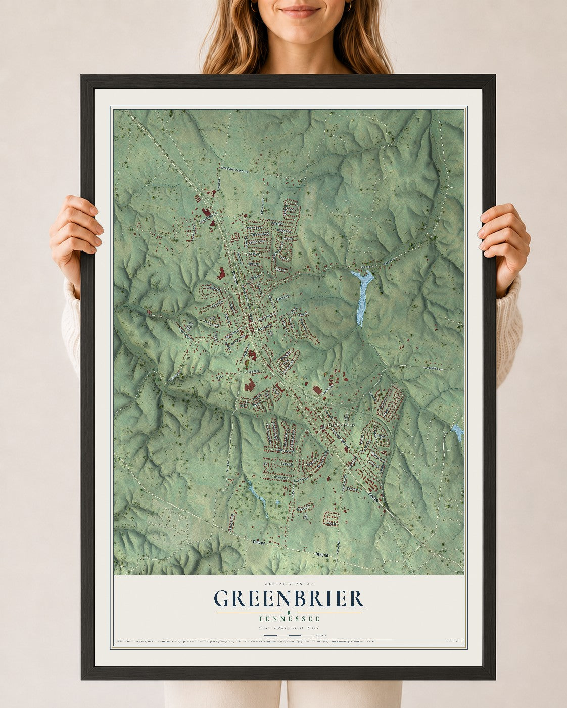 Map of Greenbrier, Tennessee, 24 x 36 inch print in a black wood frame