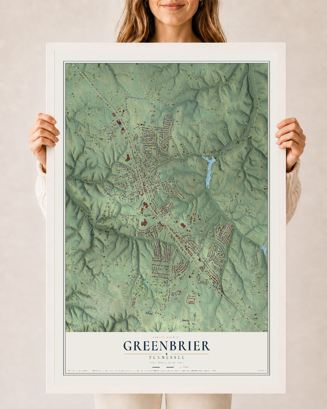 Map of Greenbrier, Tennessee, 24 x 36 inch print in a white wood frame