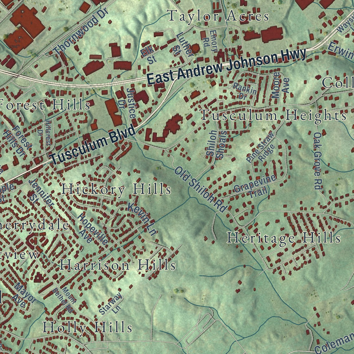 Second close-up of the map of Greeneville, Tennessee print showing more streets and buildings