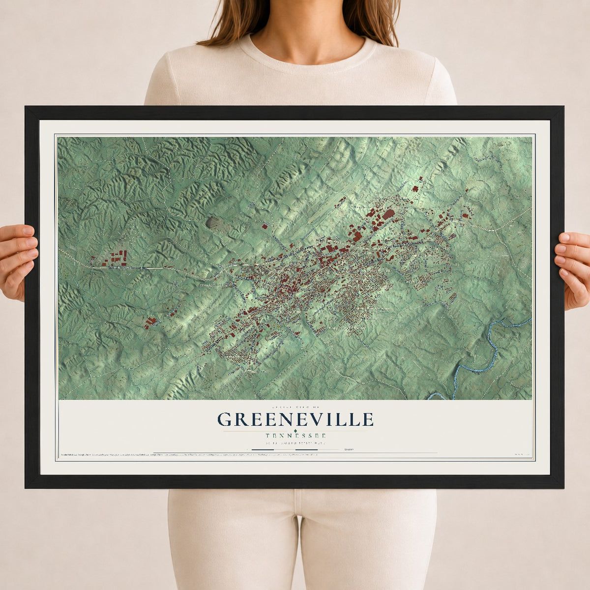 Map of Greeneville, Tennessee, 18 x 24 inch print in a black wood frame