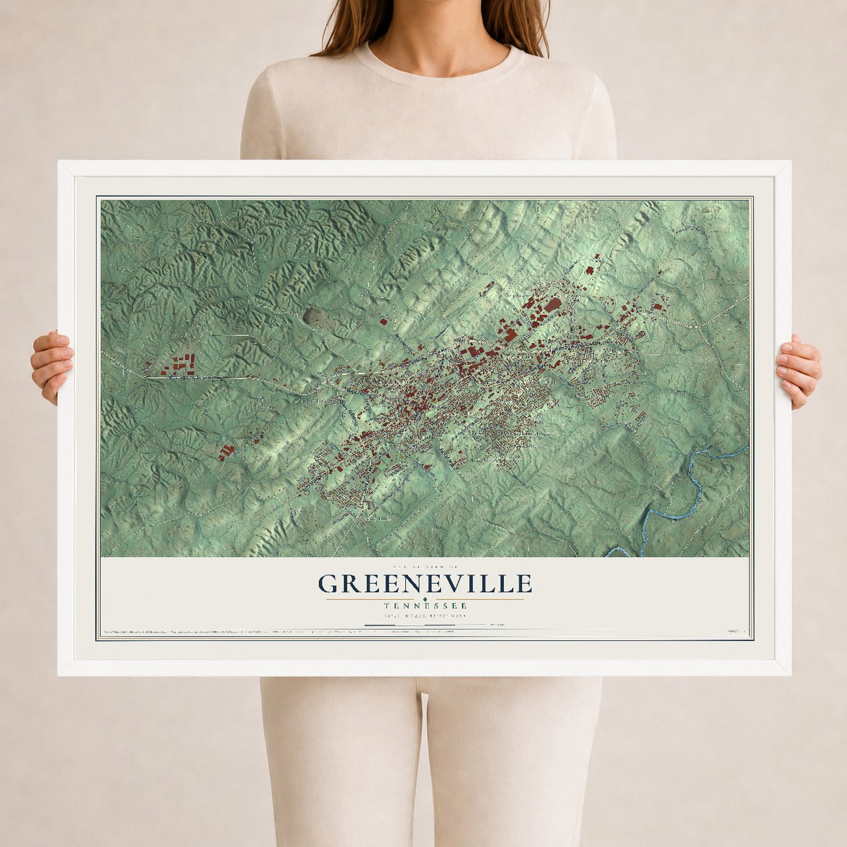 Map of Greeneville, Tennessee, 24 x 36 inch print in a white wood frame