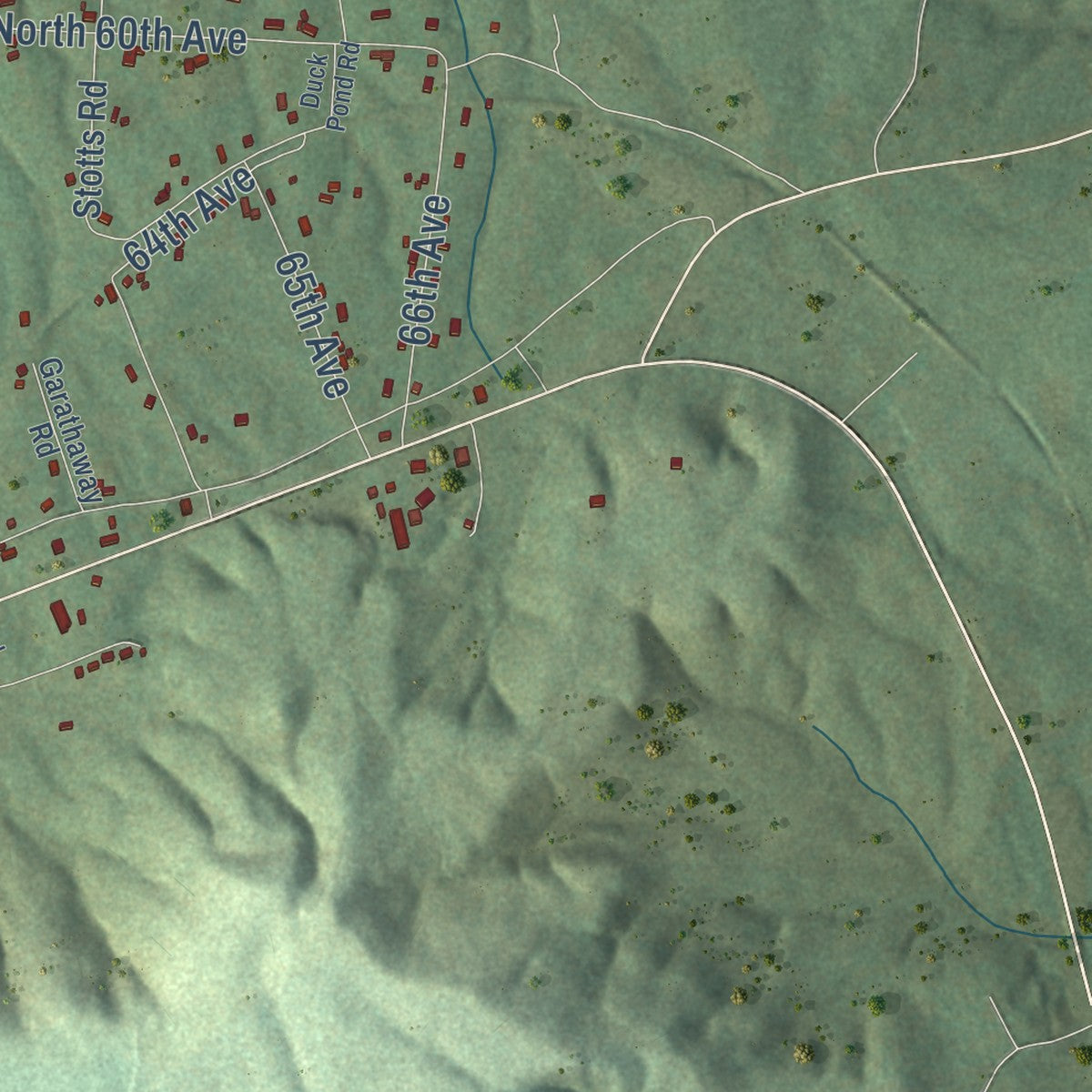Second close-up of the map of Gruetli-Laager, Tennessee print showing more streets and buildings