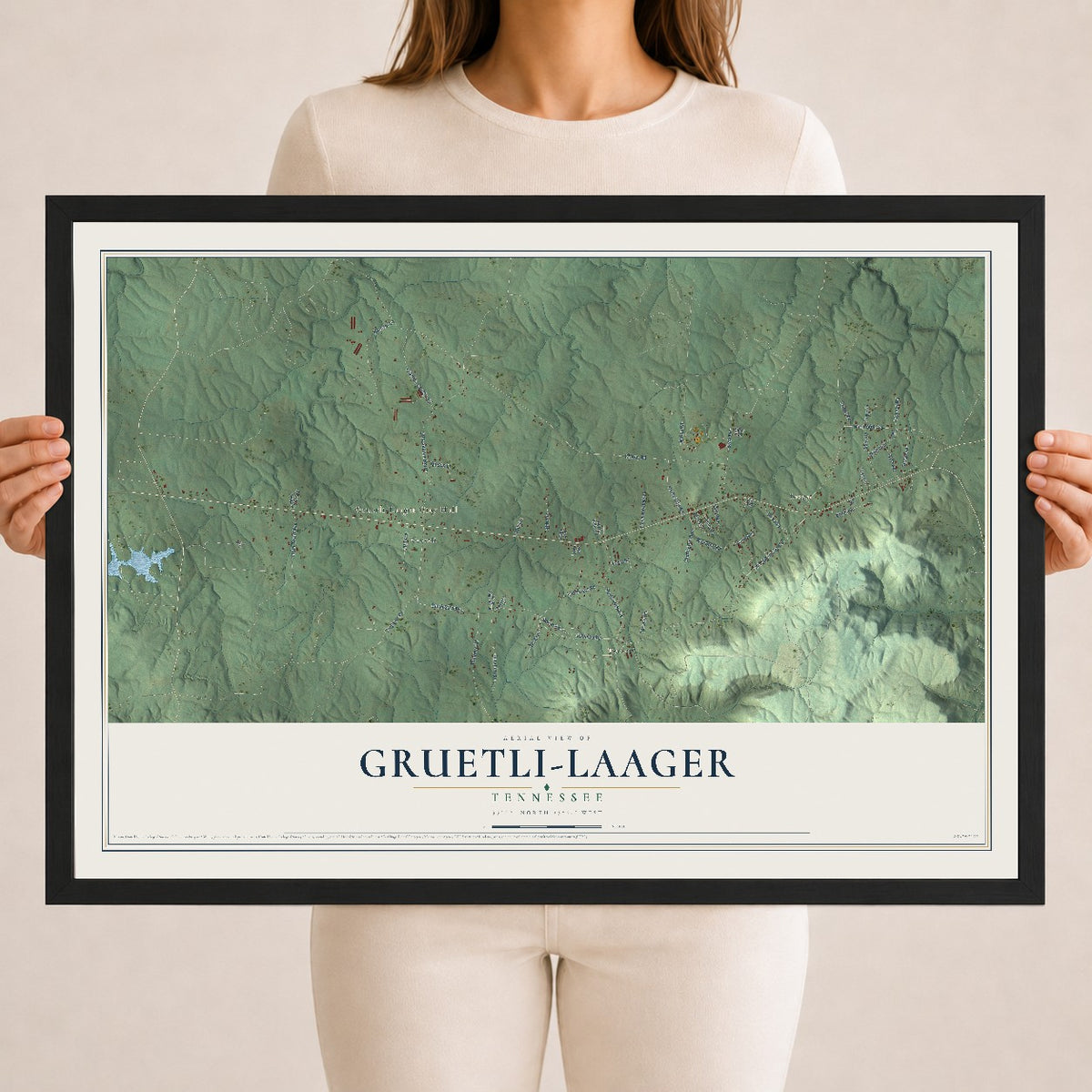 Map of Gruetli-Laager, Tennessee, 18 x 24 inch print in a black wood frame