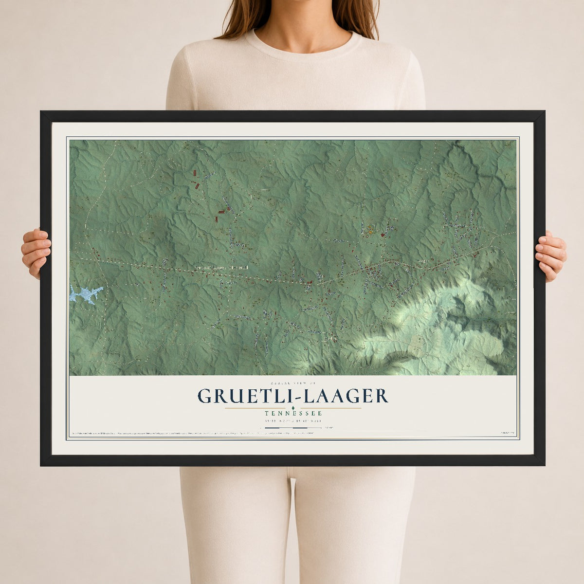 Map of Gruetli-Laager, Tennessee, 24 x 36 inch print in a black wood frame