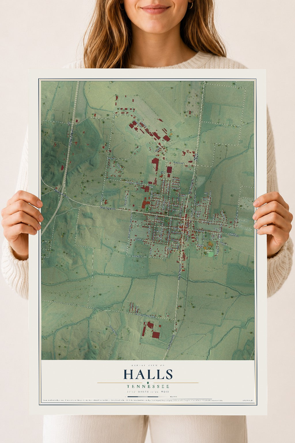Map of Halls, Tennessee, 18 x 24 inch unframed archival matte print