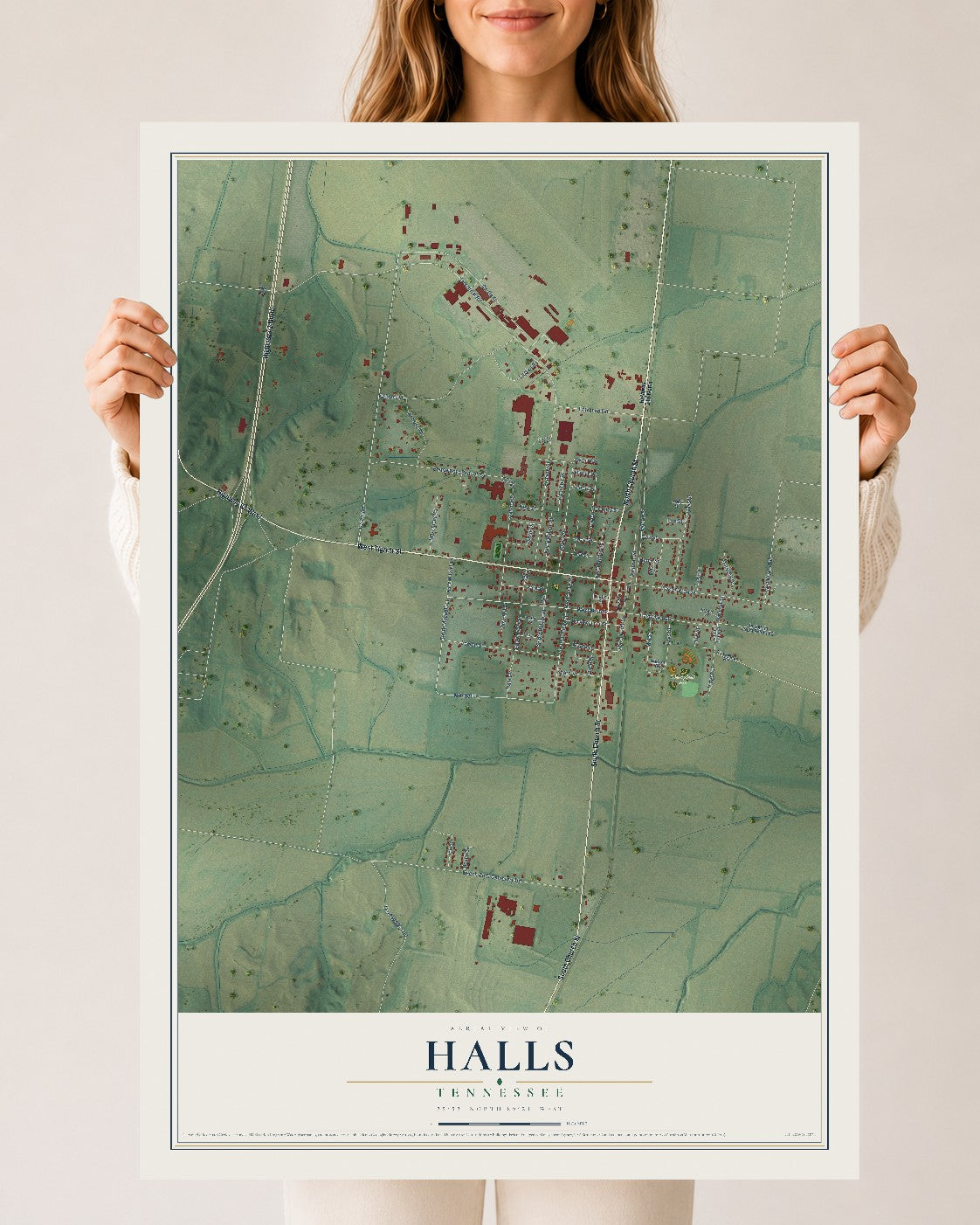 Map of Halls, Tennessee, 24 x 36 inch unframed archival matte print