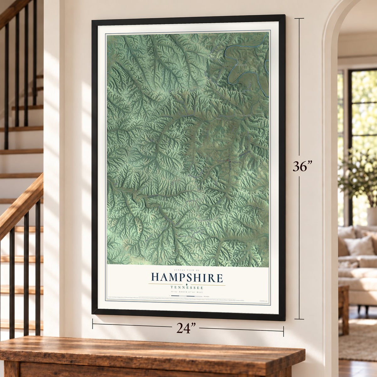 Hampshire, Tennessee map, 24 x 36 inch print in a black frame by a staircase