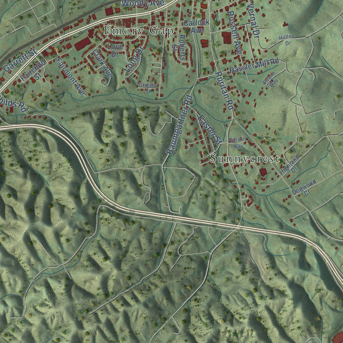 Close-up of the map of Harriman, Tennessee print showing street and building detail