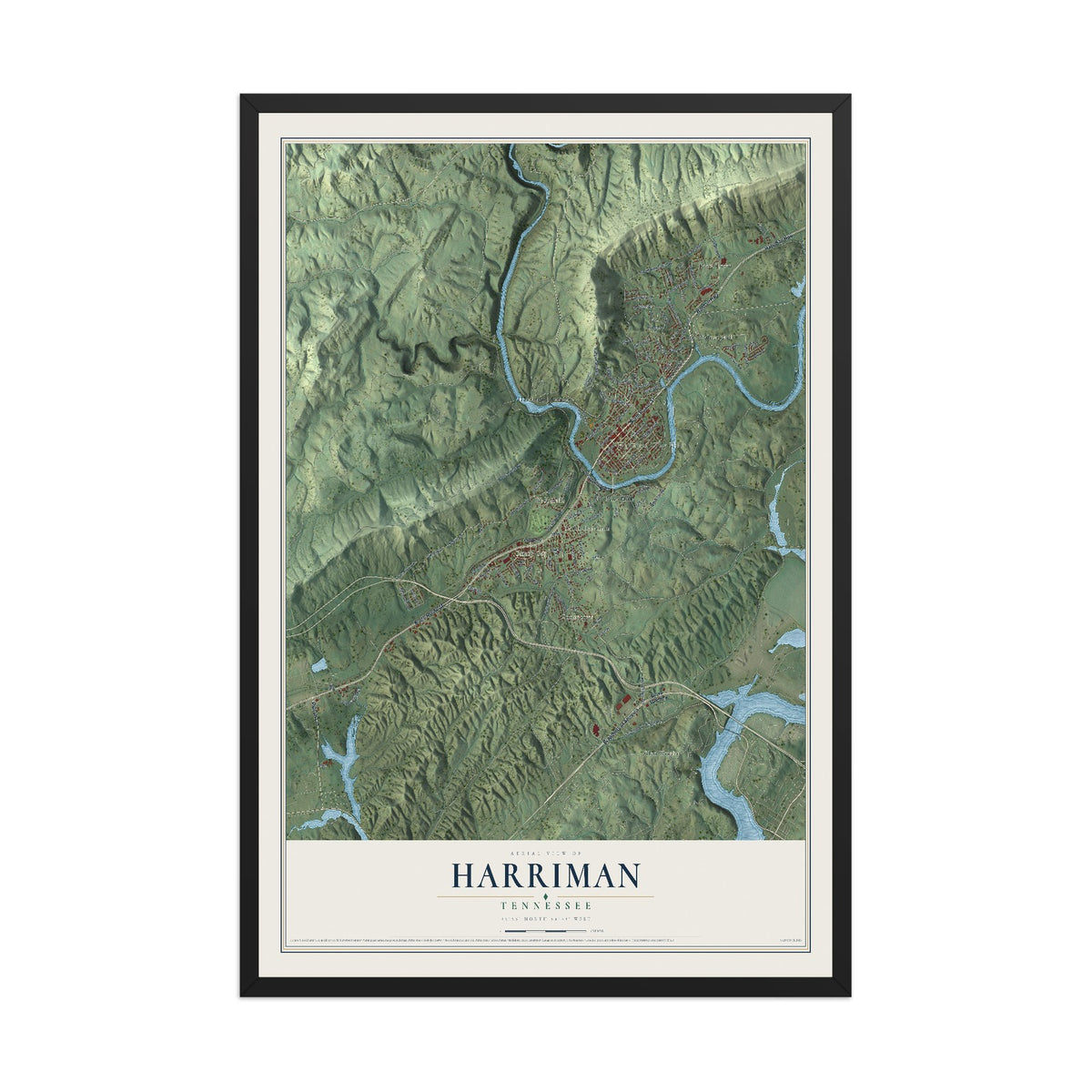 Map of Harriman, Tennessee, 12 x 18 inch print in a black wood frame
