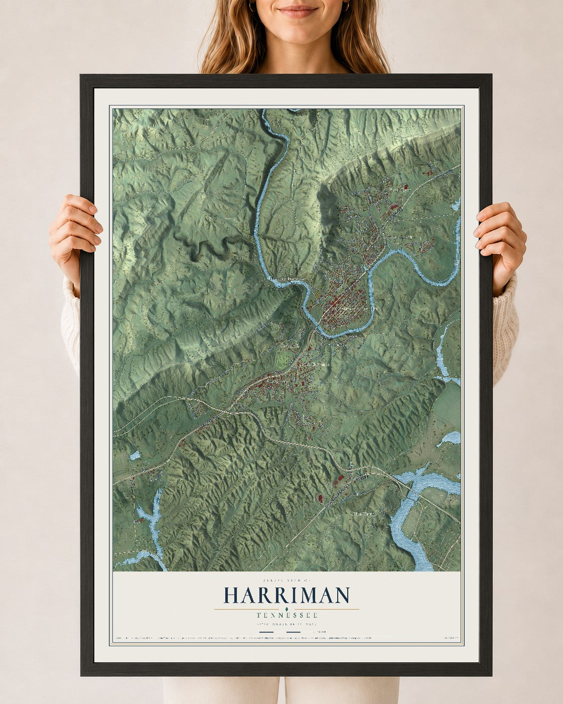 Map of Harriman, Tennessee, 24 x 36 inch print in a black wood frame