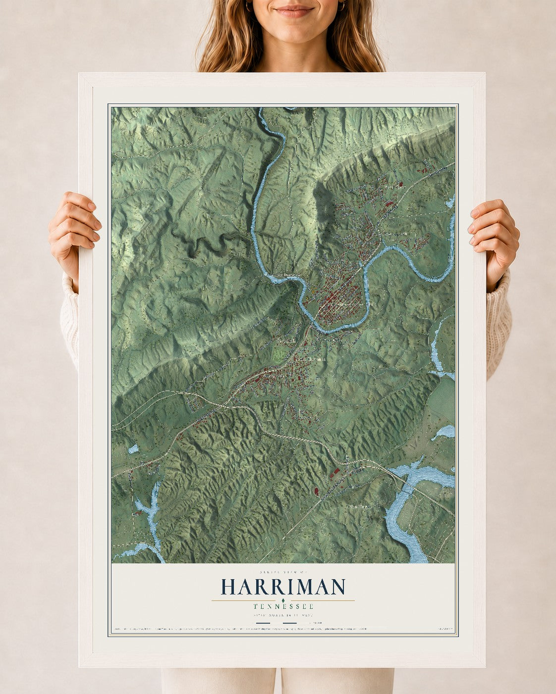 Map of Harriman, Tennessee, 24 x 36 inch print in a white wood frame