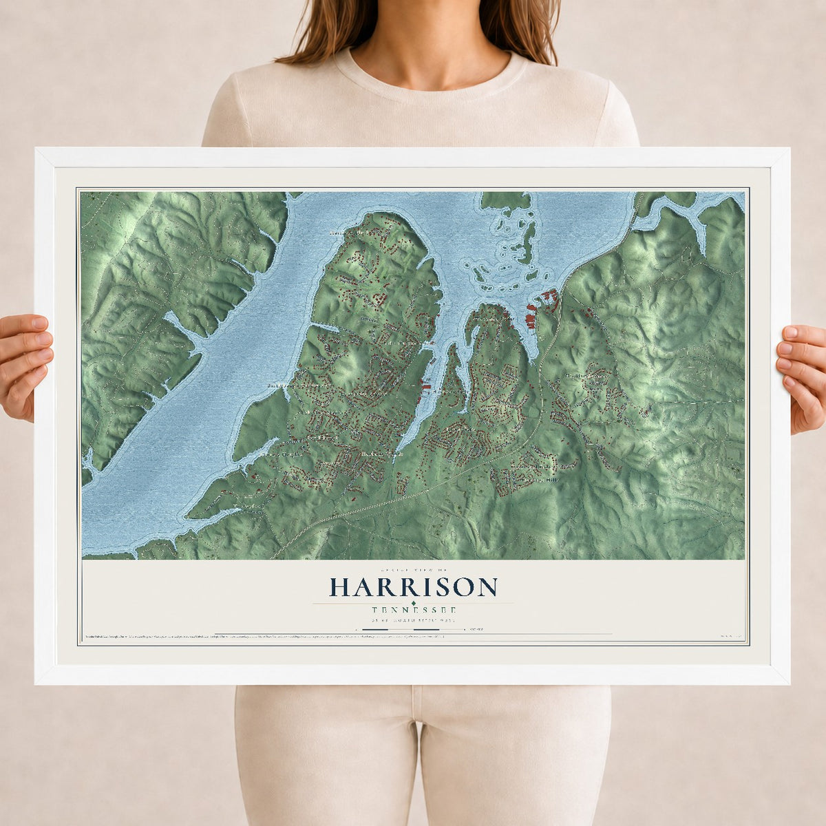 Map of Harrison, Tennessee, 18 x 24 inch print in a white wood frame