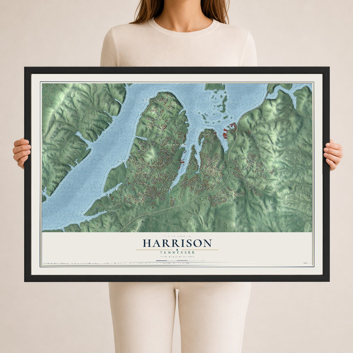 Map of Harrison, Tennessee, 24 x 36 inch print in a black wood frame