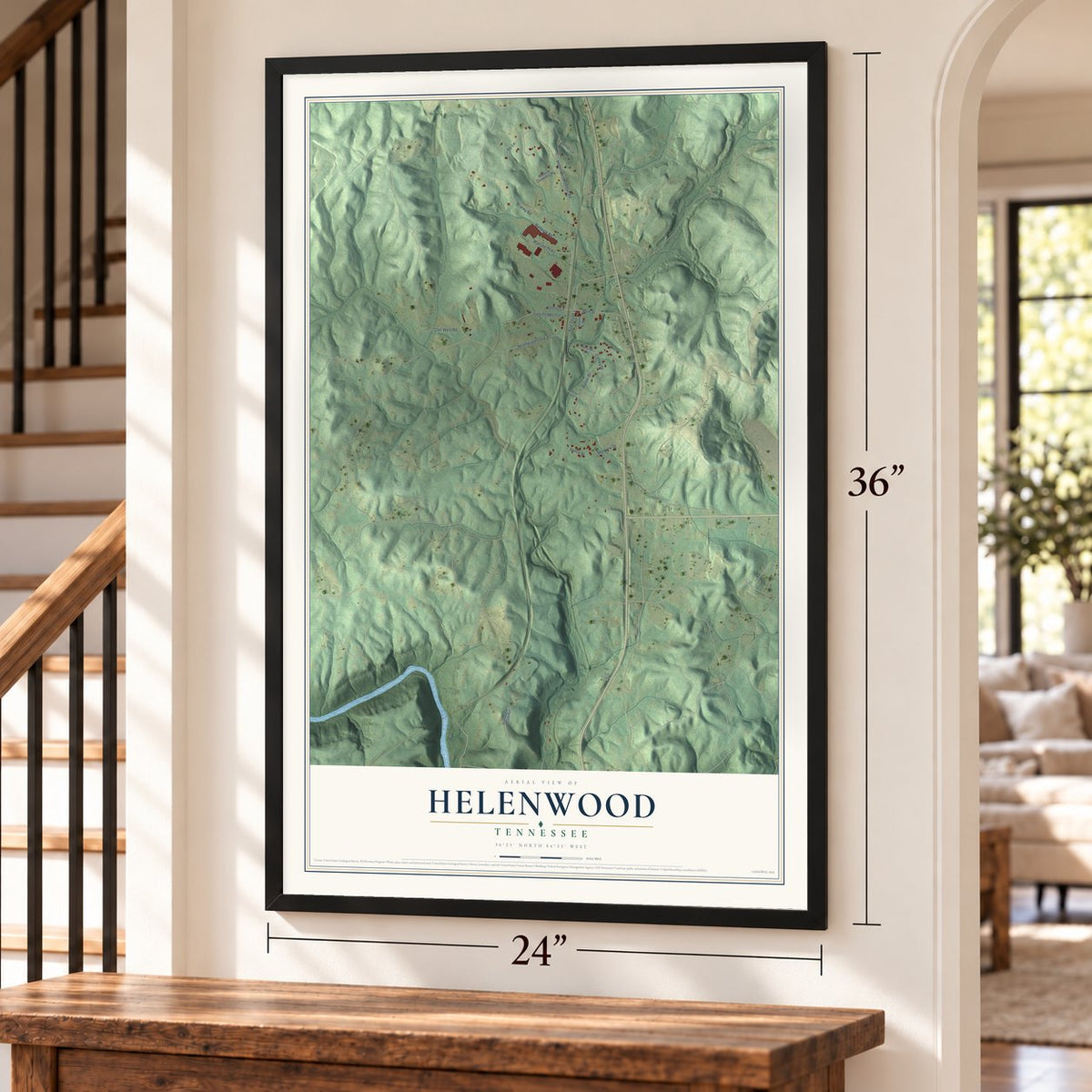 Helenwood, Tennessee map, 24 x 36 inch print in a black frame by a staircase