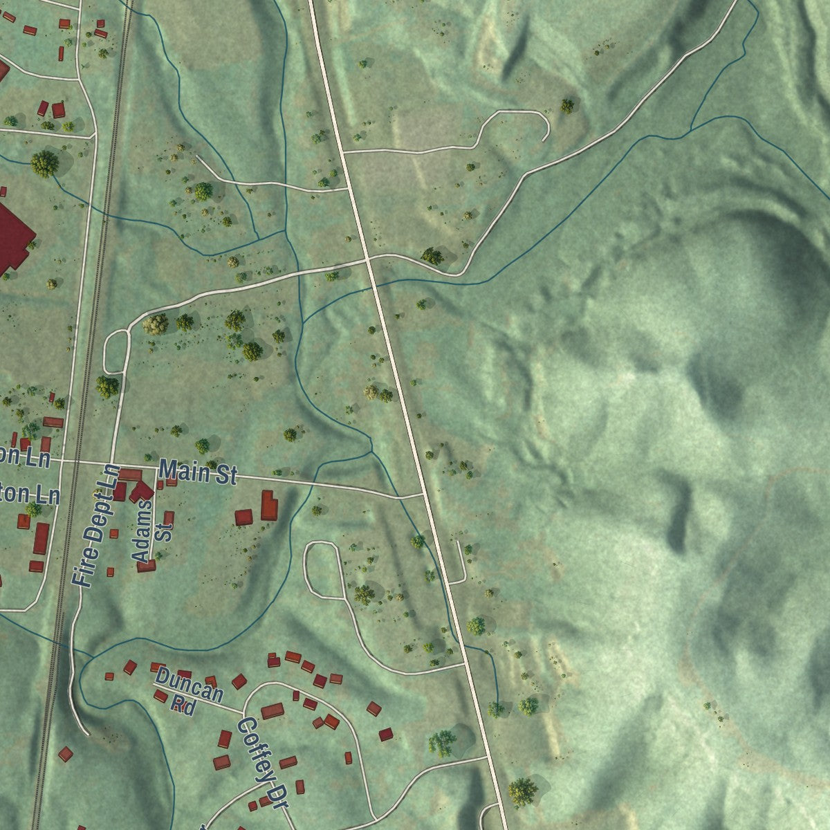 Close-up of the map of Helenwood, Tennessee print showing street and building detail