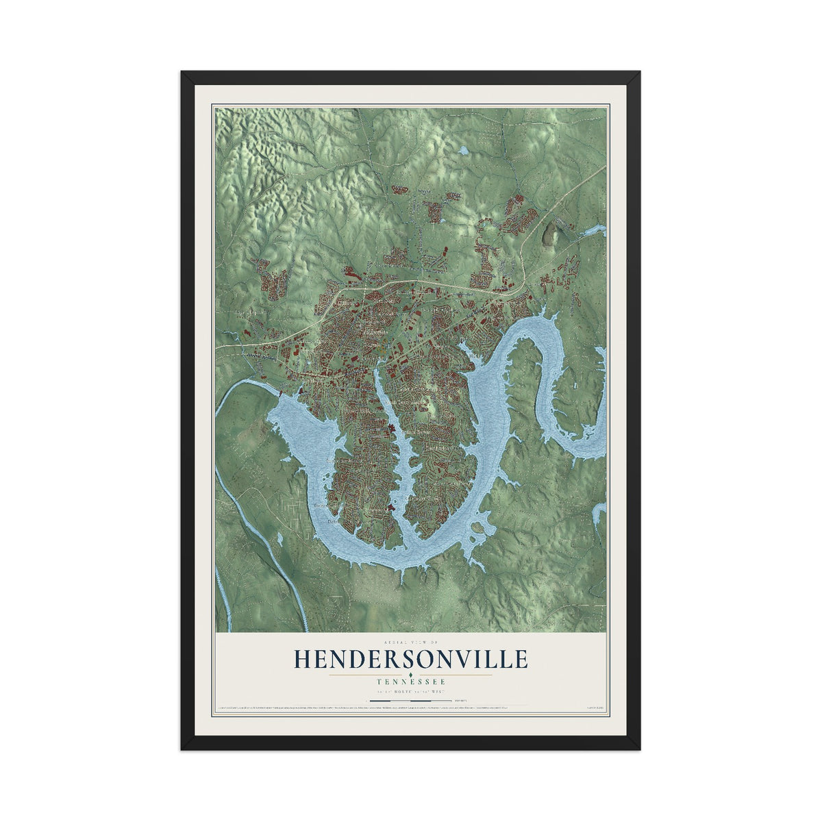Map of Hendersonville, Tennessee, 12 x 18 inch print in a black wood frame