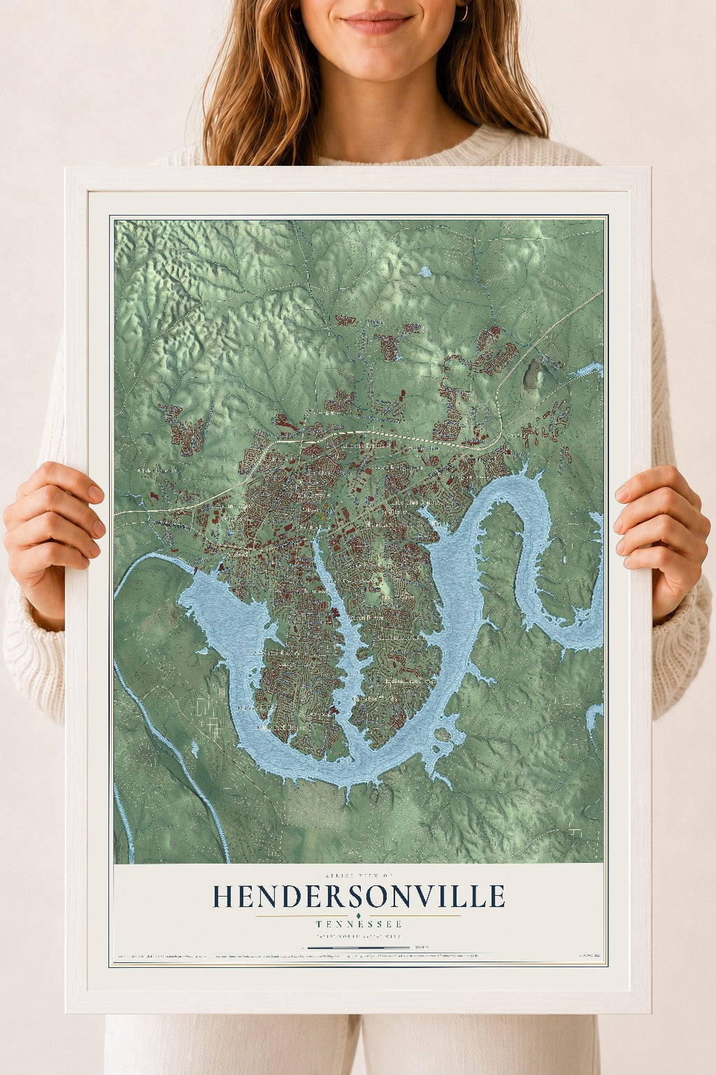 Map of Hendersonville, Tennessee, 18 x 24 inch print in a white wood frame