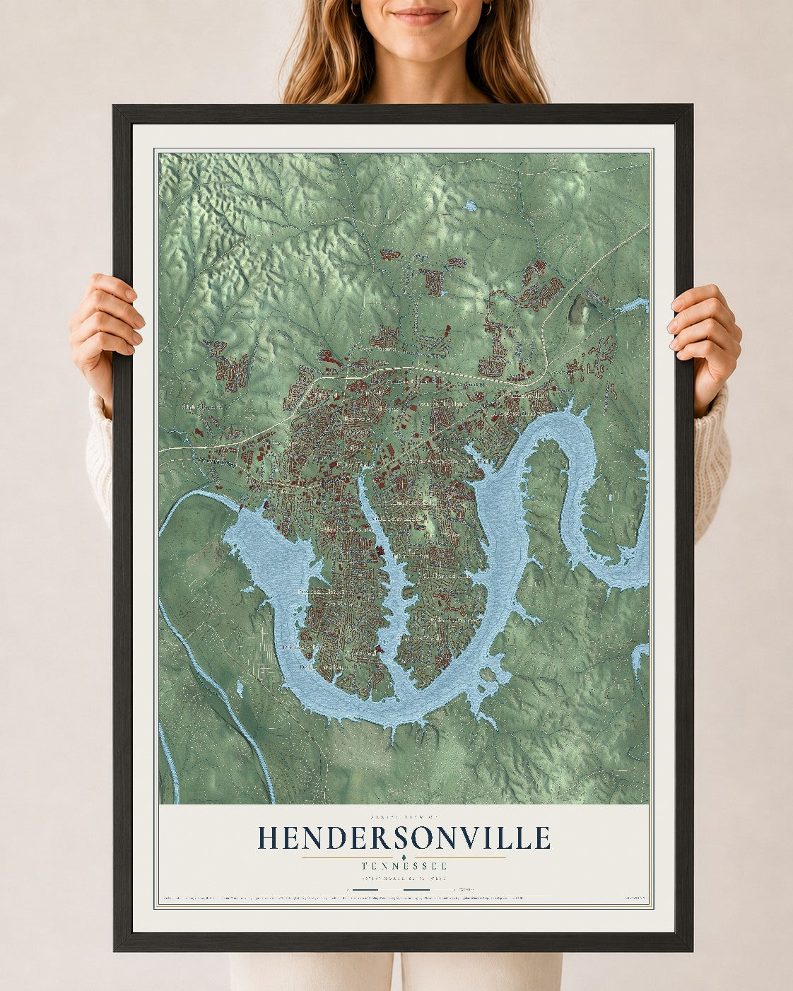 Map of Hendersonville, Tennessee, 24 x 36 inch print in a black wood frame