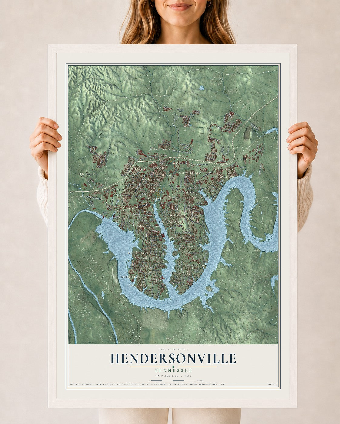 Map of Hendersonville, Tennessee, 24 x 36 inch print in a white wood frame