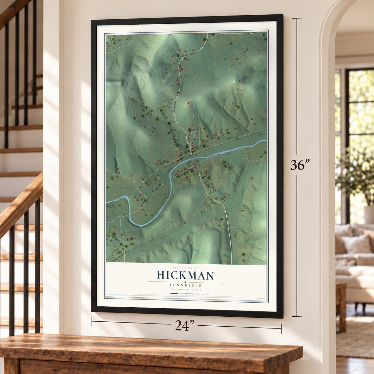 Hickman, Tennessee map, 24 x 36 inch print in a black frame by a staircase