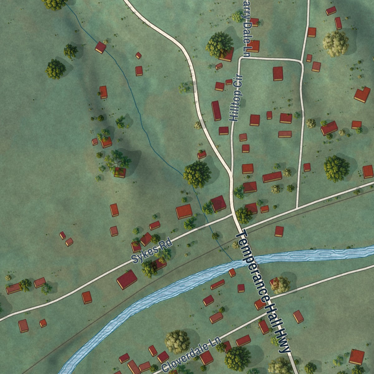 Close-up of the map of Hickman, Tennessee print showing street and building detail