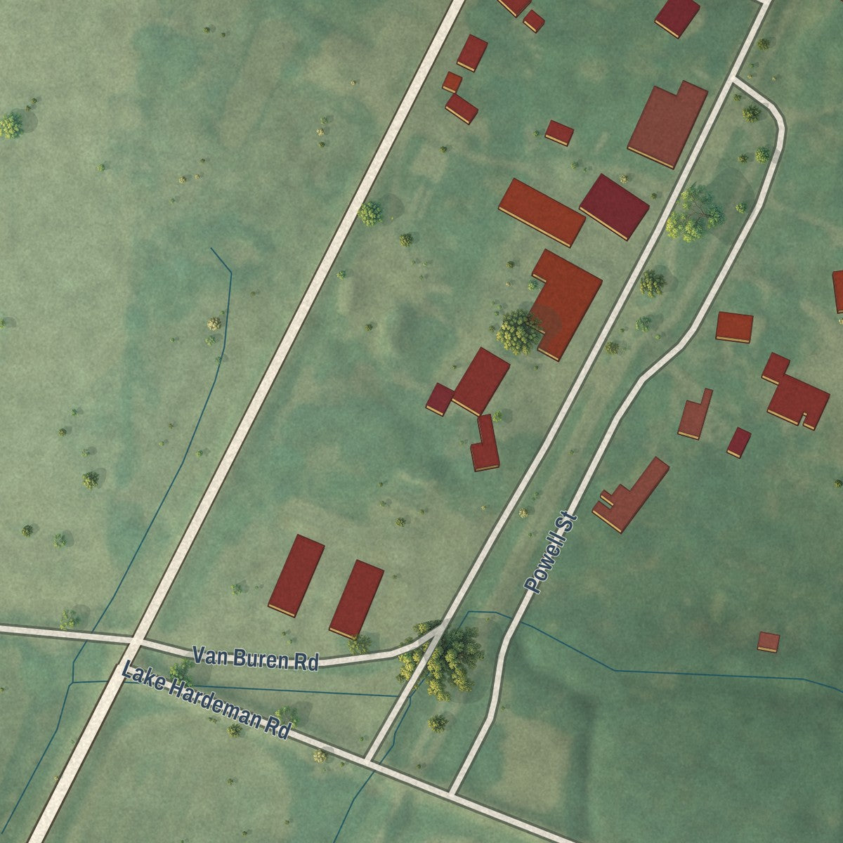 Close-up of the map of Hickory Valley, Tennessee print showing street and building detail