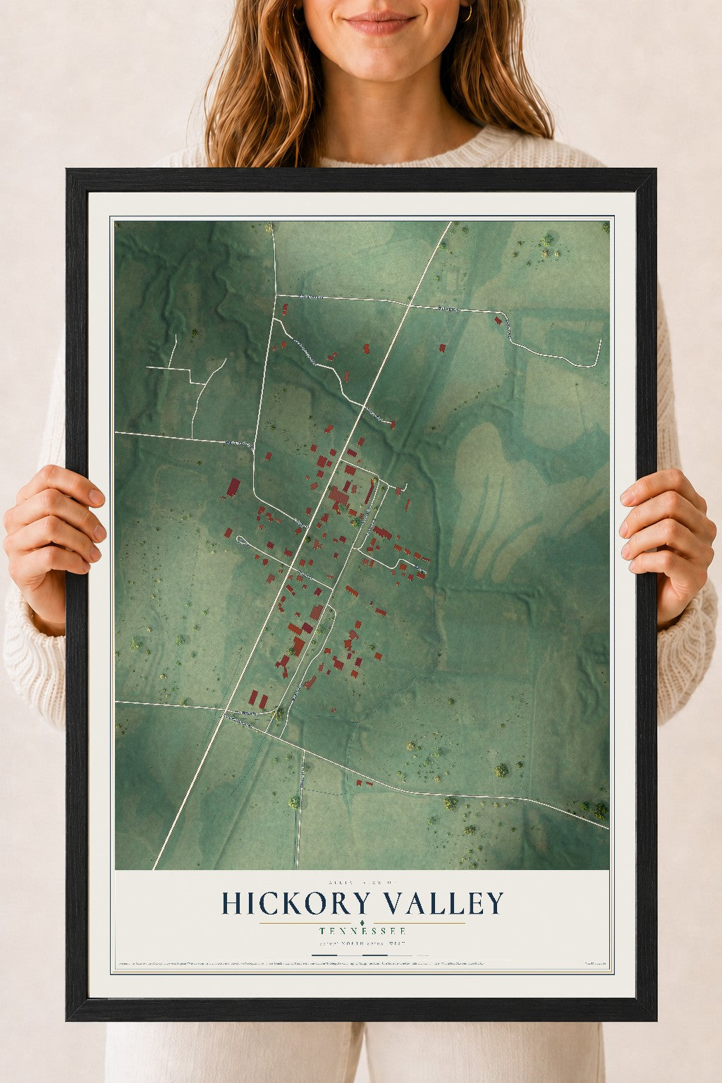 Map of Hickory Valley, Tennessee, 18 x 24 inch print in a black wood frame
