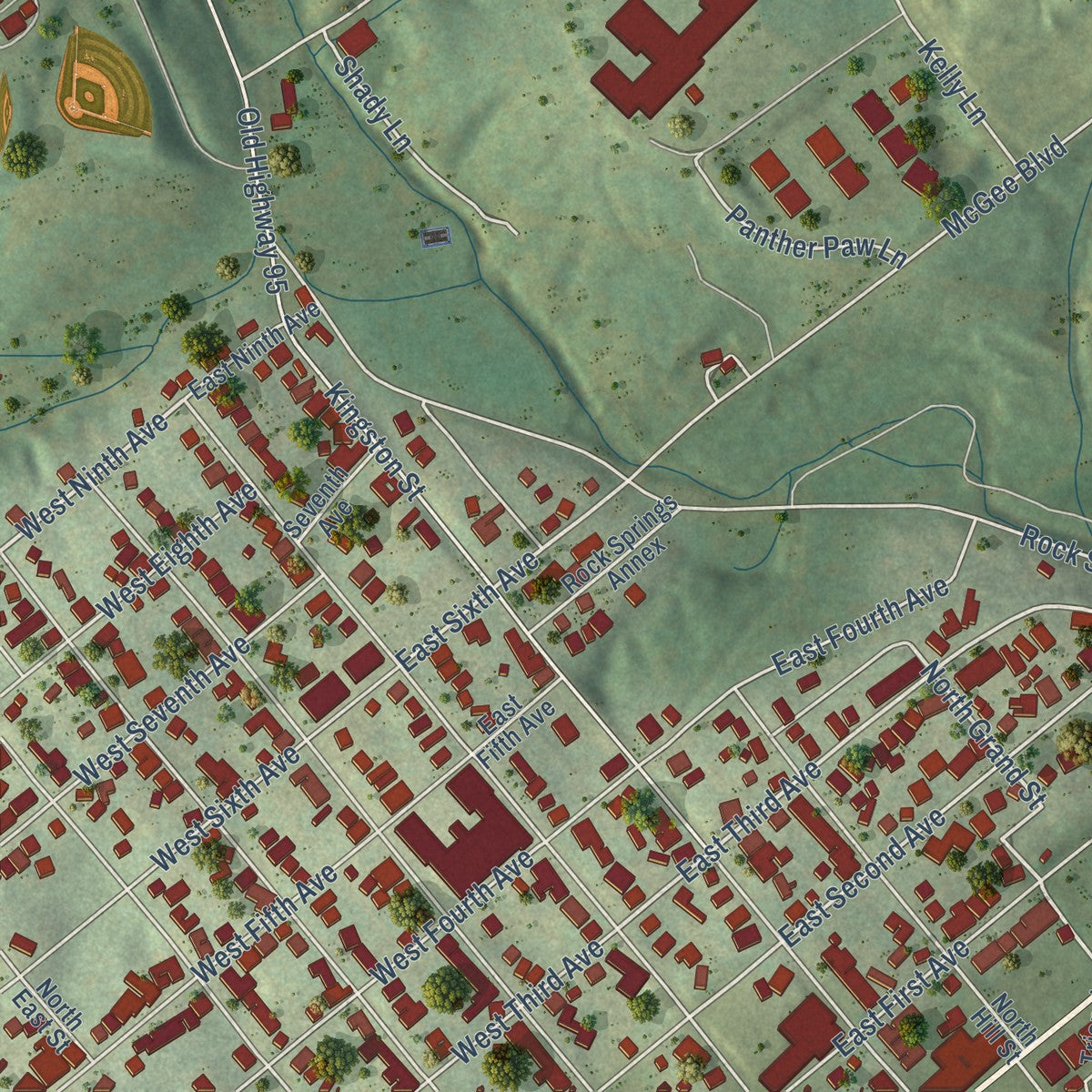Close-up of the map of Highland Park, Tennessee print showing street and building detail