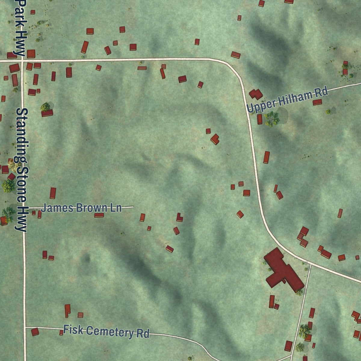 Close-up of the map of Hilham, Tennessee print showing street and building detail