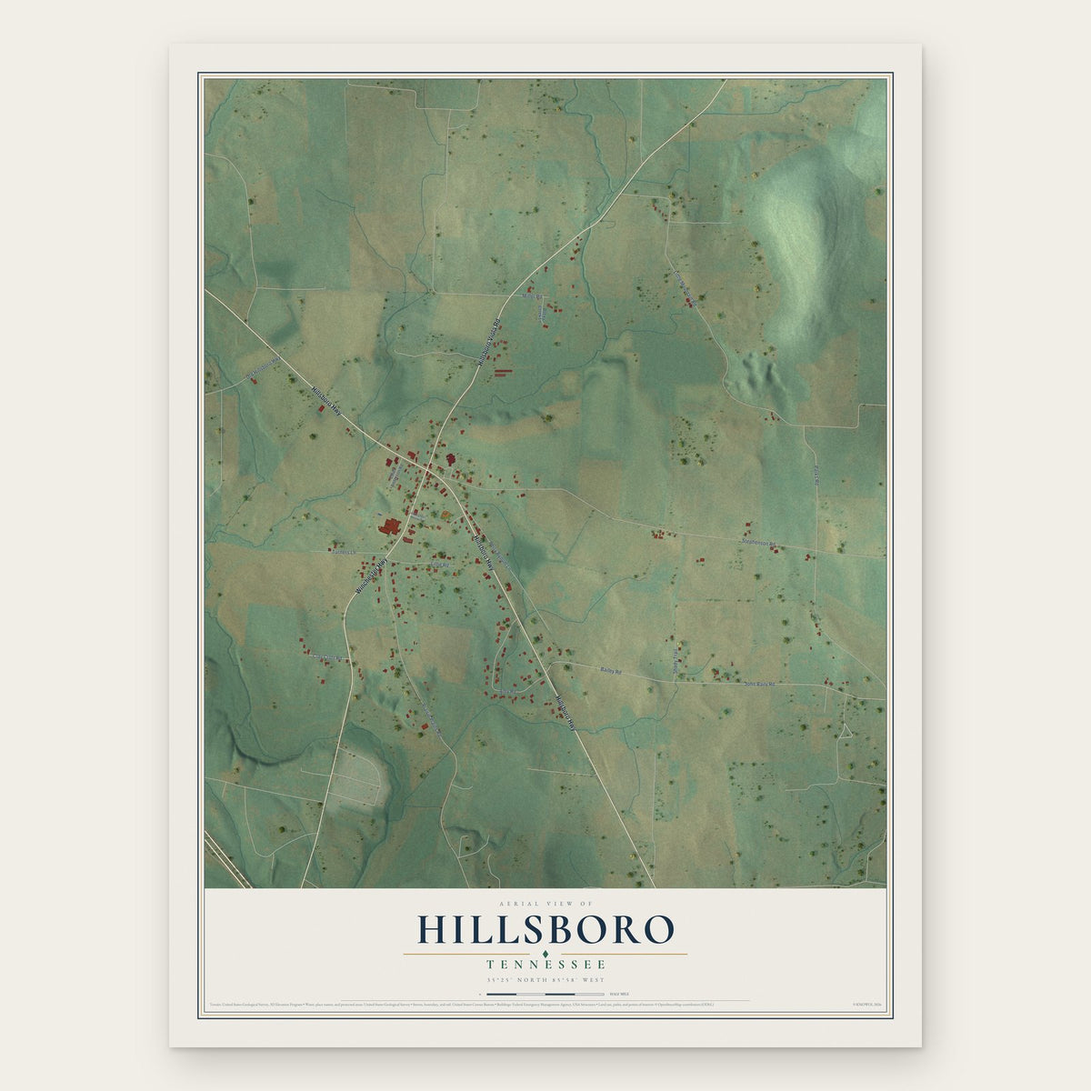 Hillsboro, Tennessee map print, the full design