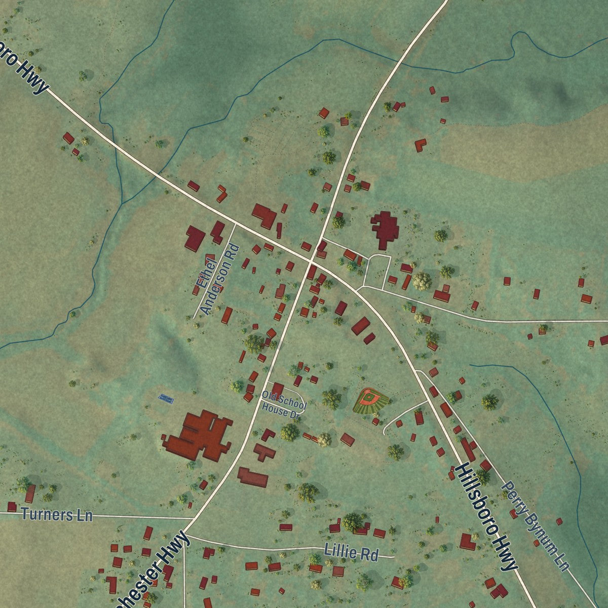 Close-up of the map of Hillsboro, Tennessee print showing street and building detail