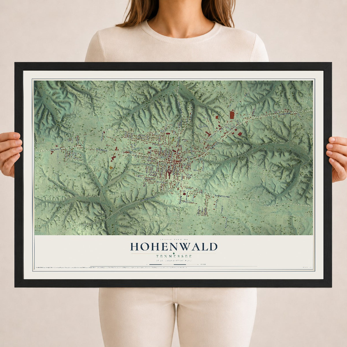 Map of Hohenwald, Tennessee, 18 x 24 inch print in a black wood frame