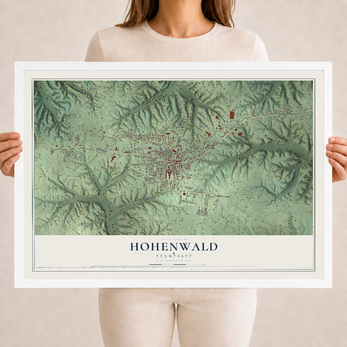 Map of Hohenwald, Tennessee, 18 x 24 inch print in a white wood frame