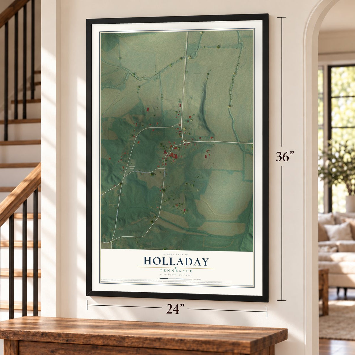 Holladay, Tennessee map, 24 x 36 inch print in a black frame by a staircase