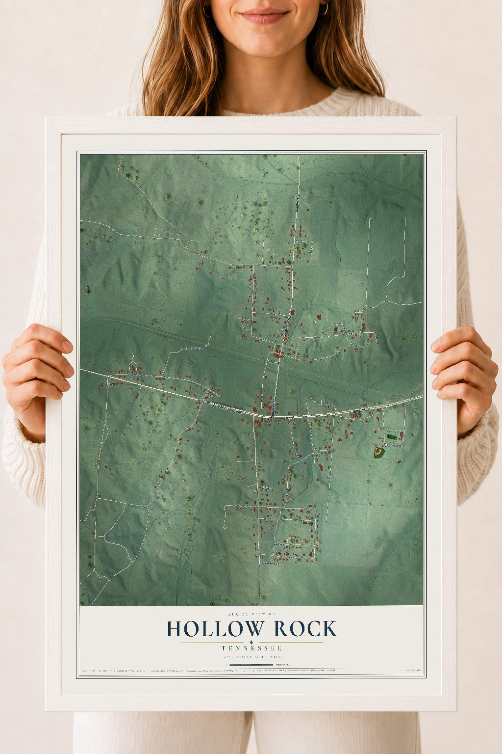 Map of Hollow Rock, Tennessee, 18 x 24 inch print in a white wood frame