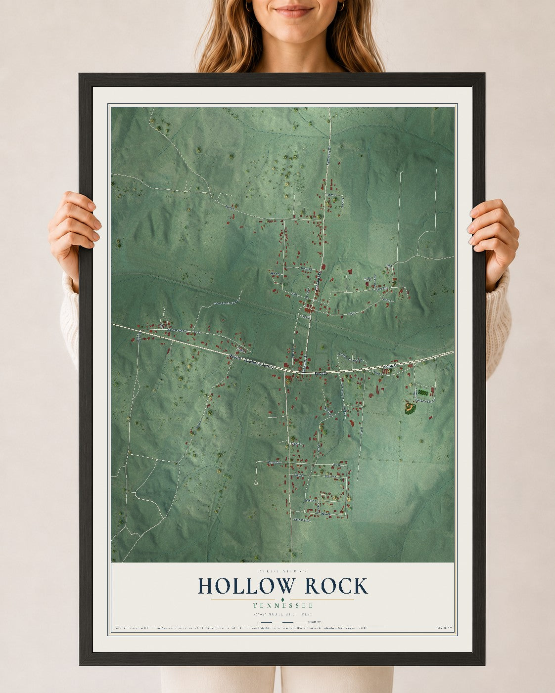 Map of Hollow Rock, Tennessee, 24 x 36 inch print in a black wood frame