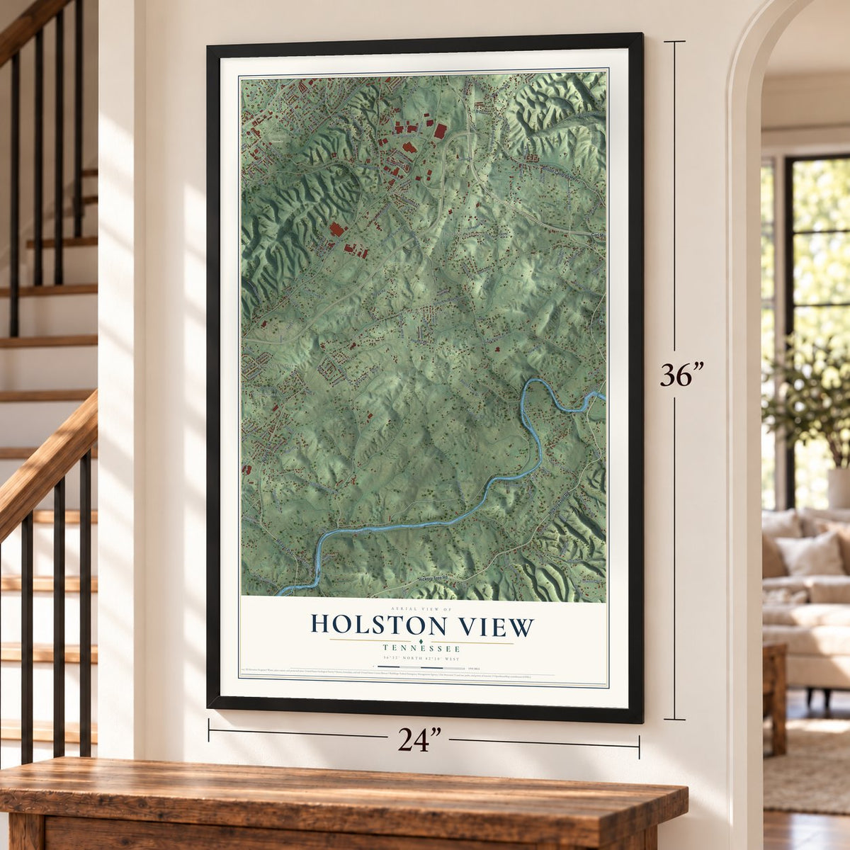 Holston View, Tennessee map, 24 x 36 inch print in a black frame by a staircase