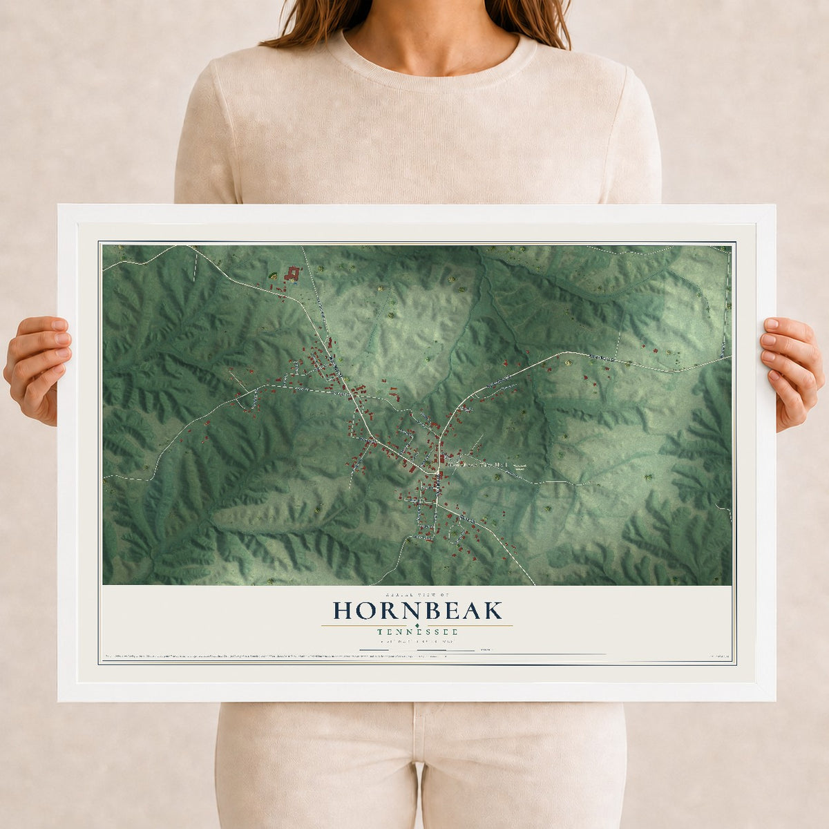 Map of Hornbeak, Tennessee, 12 x 18 inch print in a white wood frame