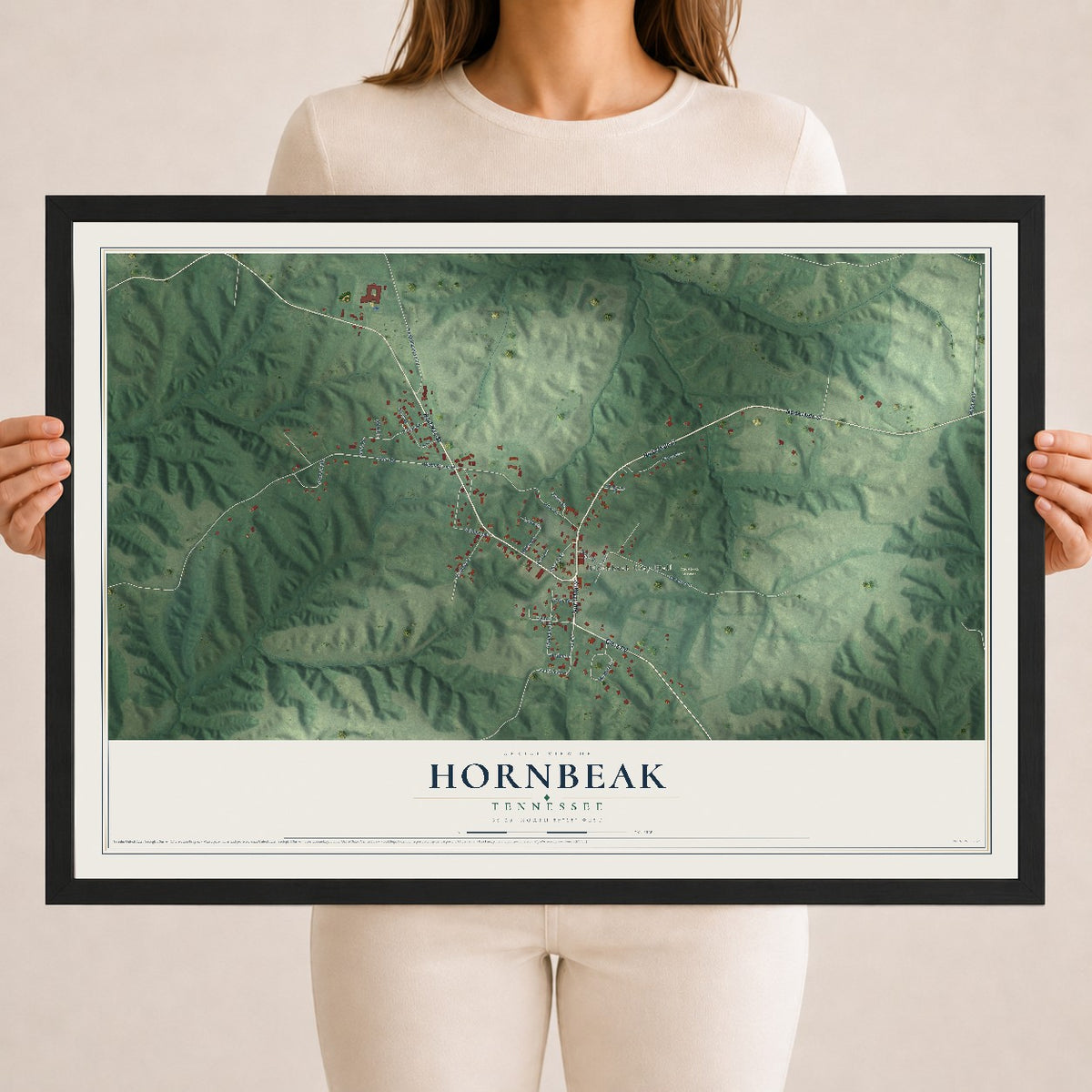 Map of Hornbeak, Tennessee, 18 x 24 inch print in a black wood frame