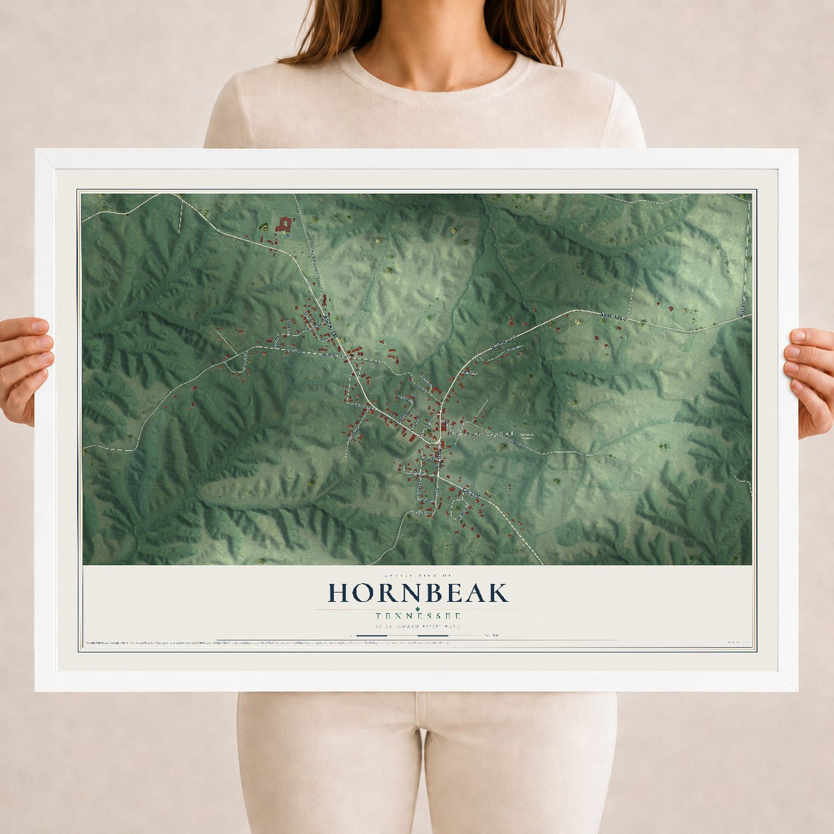 Map of Hornbeak, Tennessee, 18 x 24 inch print in a white wood frame