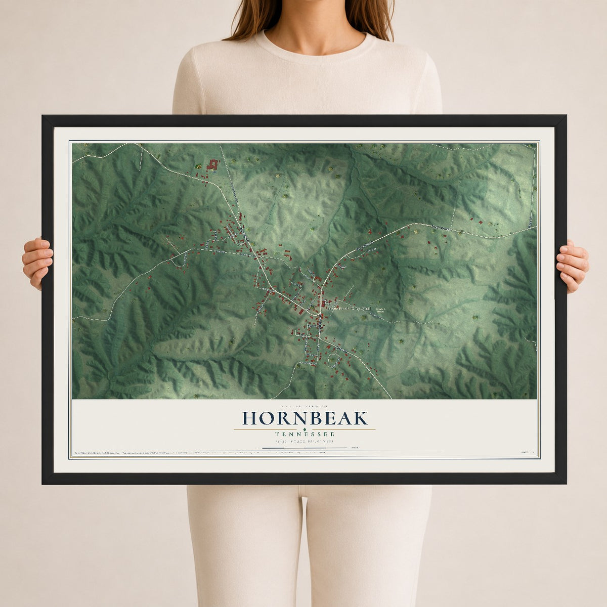 Map of Hornbeak, Tennessee, 24 x 36 inch print in a black wood frame