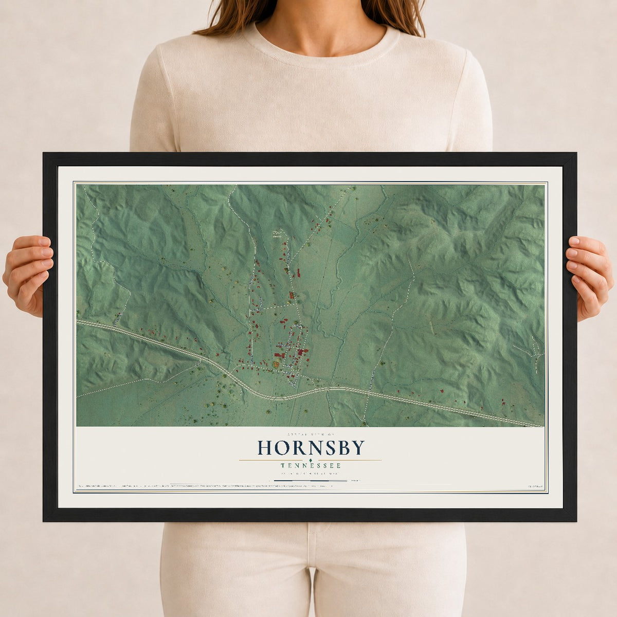 Map of Hornsby, Tennessee, 12 x 18 inch print in a black wood frame
