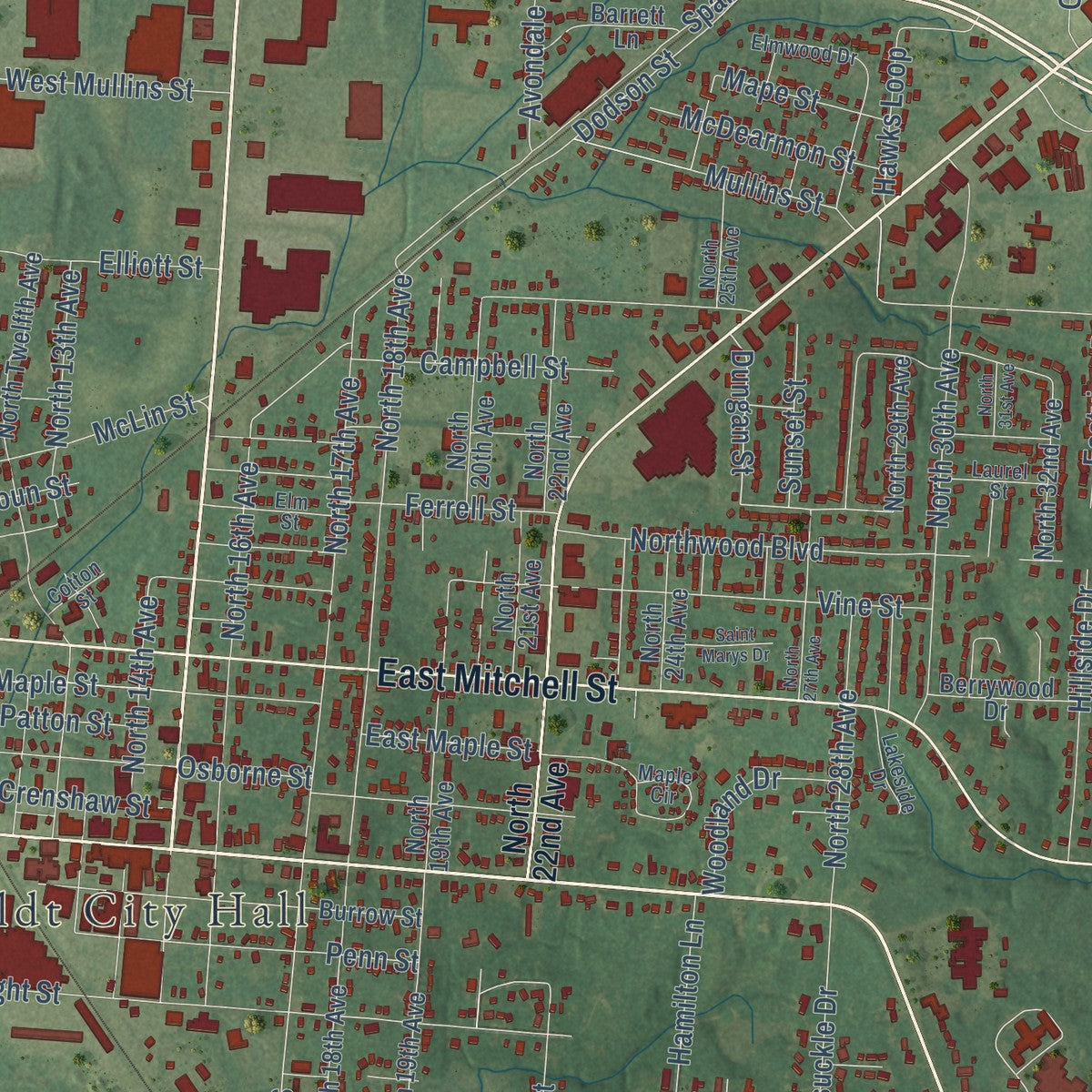 Close-up of the map of Humboldt, Tennessee print showing street and building detail