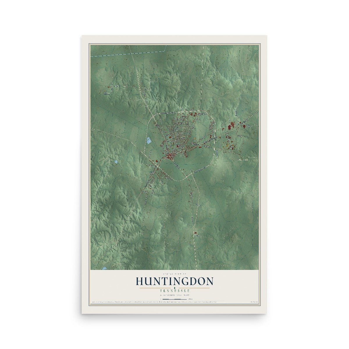 Map of Huntingdon, Tennessee, 12 x 18 inch unframed archival matte print