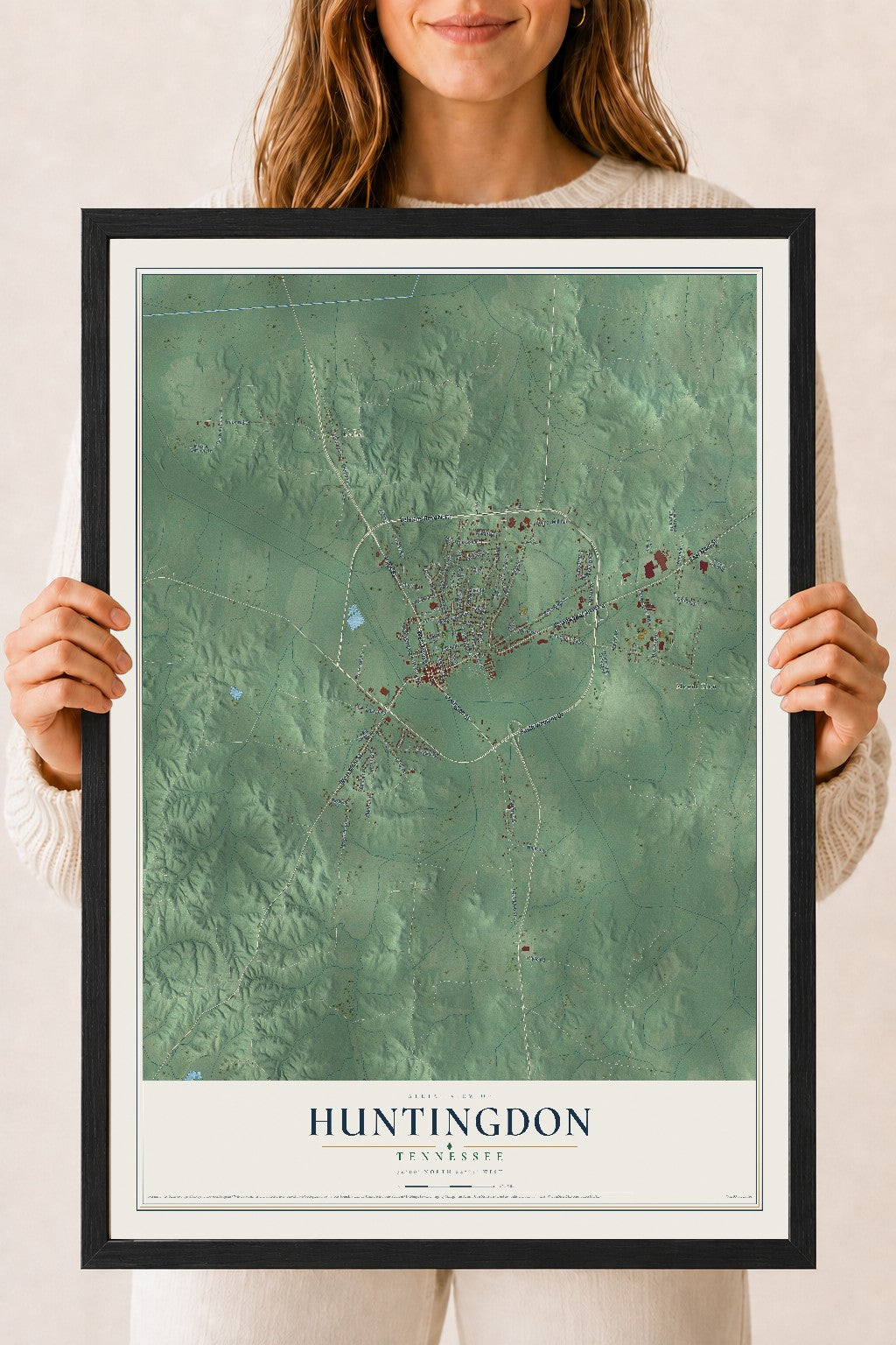 Map of Huntingdon, Tennessee, 18 x 24 inch print in a black wood frame